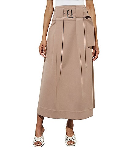 Ming Wang Ponte Belted Midi A-Line Skirt