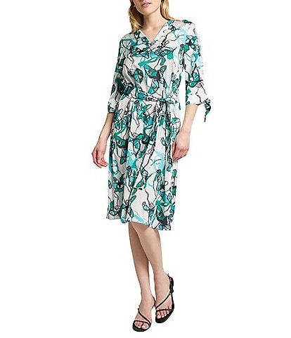 Ming Wang Printed Charmeuse V-Neck Elbow Sleeve Tie Waist Dress