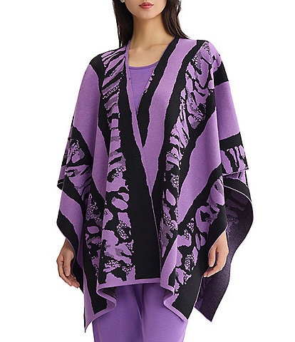 Ming Wang Printed Cozy Knit Open-Front Poncho Wrap