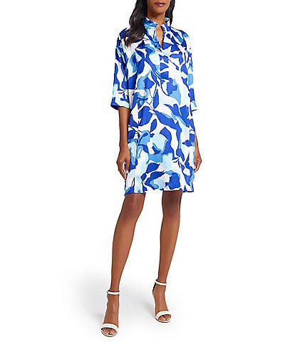 Ming Wang Printed Crepe De Chine Split Collar Elbow Sleeve Dress