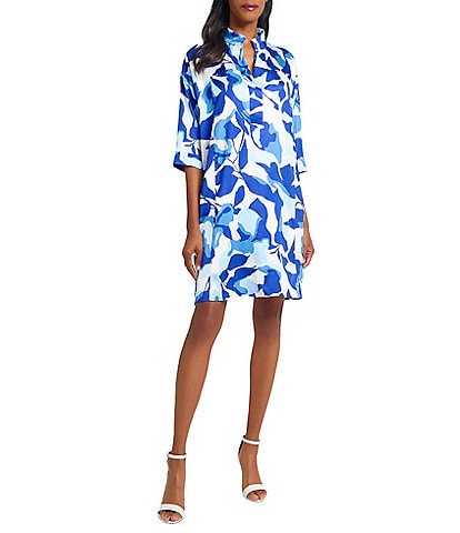 Ming Wang Printed Crepe De Chine Split Collar Elbow Sleeve Dress
