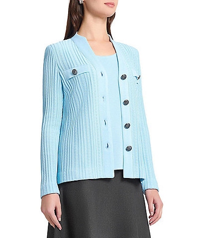 Ming Wang Ribbed Knit High V-Neck Long Sleeve Cardigan