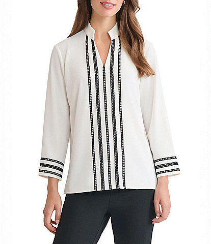 Ming Wang Ribbon Trim Crepe De Chine Mandarin V-Neck Bracelet Sleeve Blouse