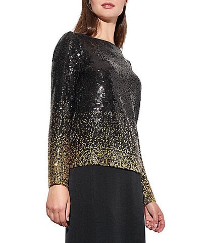 Ming Wang Sequin Ombre Boat Neck Long Sleeve Tunic