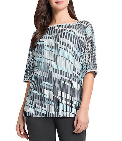 Ming Wang Sheer Burnout Jacquard Knit Square Boat Neck Elbow Sleeve Tunic