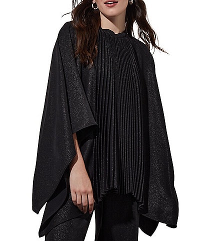 Ming Wang Shimmering Pleated Jewel Neck 3/4 Sleeve Poncho Top
