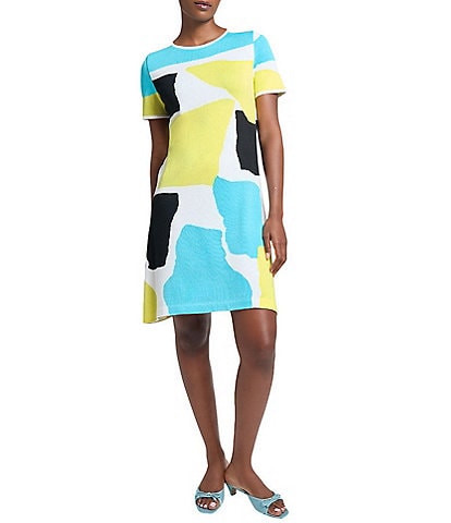 Ming Wang Soft Knit Abstract Color Block Round Neck Short Sleeve Dress