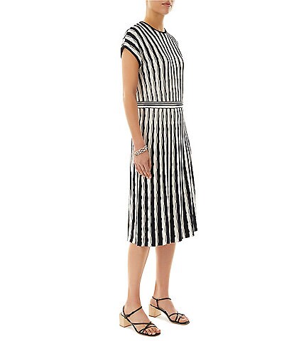 Ming Wang Soft Knit Abstract Striped Print Cap Sleeve Contrasting Trim A-Line Midi Dress