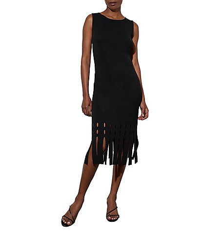 Ming Wang Soft Knit Boat Neck Long Sleeve Lacer Cut Fringe Hem Sheath Midi Dress