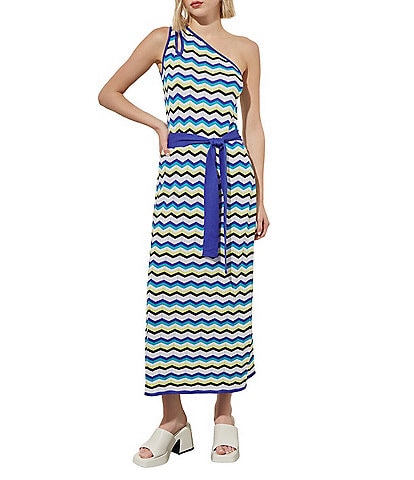 Ming Wang Soft Knit Chevron Print Sleeveless One Shoulder Maxi Column Dress