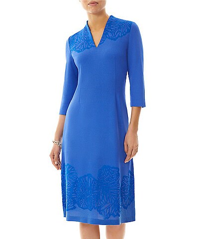 Ming Wang Soft Knit Floral Jacquard Print V-Neck 3/4 Sleeve A-Line Dress