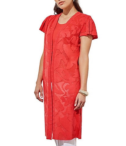 Ming Wang Soft Knit Floral Jacquard Short Ruffle Sleeve Open Front Longline Cardigan Jacket