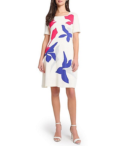 Ming Wang Soft Knit Floral Pattern Square Neck Short Sleeve Scallop Trim Dress