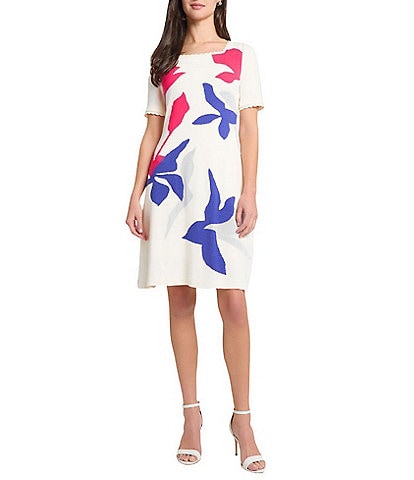 Ming Wang Soft Knit Floral Pattern Square Neck Short Sleeve Scallop Trim Dress