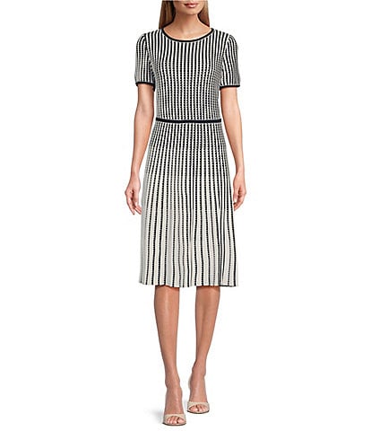 Ming Wang Soft Knit Grid Striped Print Short Sleeve Contrasting Trim A-Line Midi Dress
