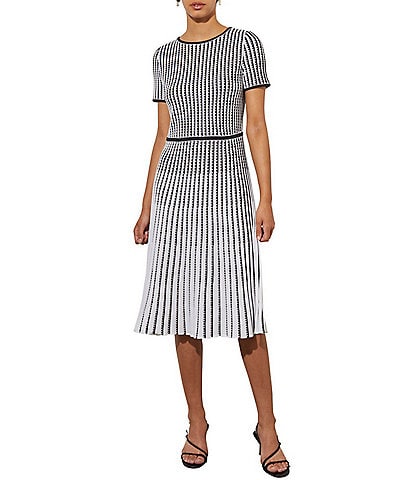 Ming Wang Soft Knit Grid Striped Print Short Sleeve Contrasting Trim A-Line Midi Dress