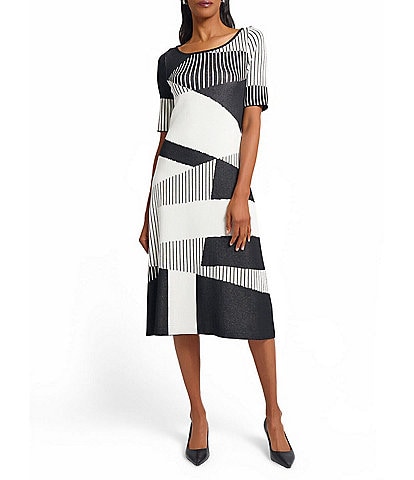 Ming Wang Soft Knit Jacquard Pattern Scoop Neck Short Sleeve Dress