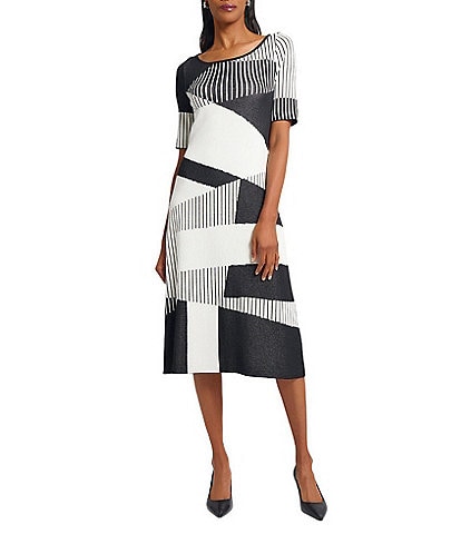 Ming Wang Soft Knit Jacquard Pattern Scoop Neck Short Sleeve Dress