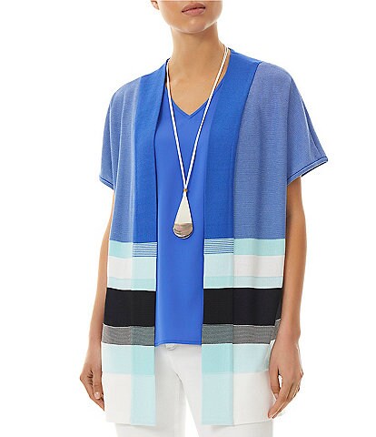 Ming Wang Soft Knit Mixed Striped Print Short Sleeve Side Slit Open-Front Cardigan