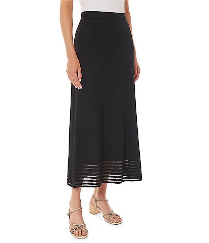 Ming Wang Soft Knit No-Roll Elastic Waist Sheer Striped Hem A-Line Midi Skirt