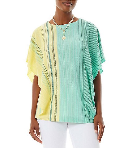 Ming Wang Soft Knit Ombre Striped Print Crew Neck Short Flutter Sleeve Tunic