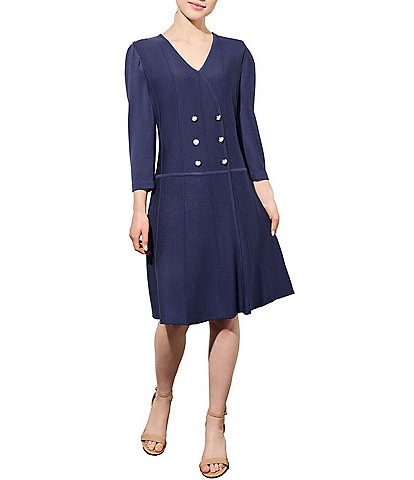 Ming Wang Soft Knit Pearl Button Detail V-Neck 3/4 Puff Sleeve A-Line Dress