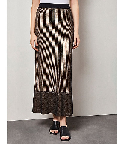 Ming Wang Soft Knit Shimmer Stripe Print Contrasting Hem Coordinating A-Line Midi Skirt