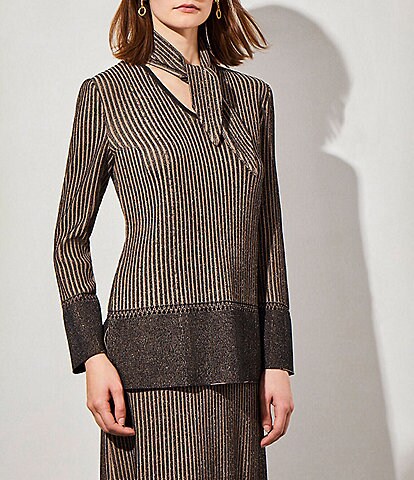 Ming Wang Soft Knit Shimmer Stripe Print V-Neck Long Sleeve Tie Detail Contrasting Hem Coordinating Top