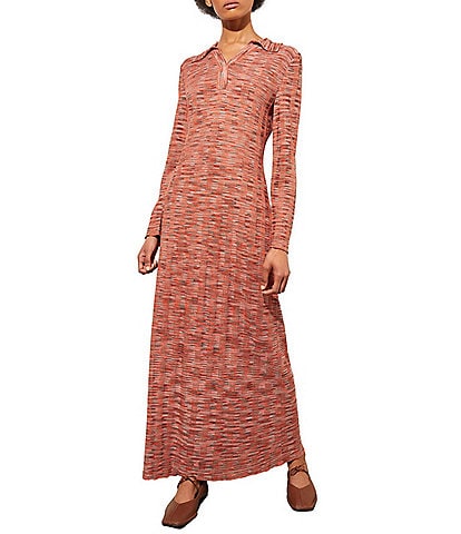 Ming Wang Soft Knit Space Dye Print Point Collar Long Sleeve Maxi A-Line Dress