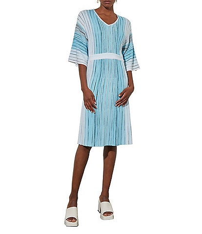 Ming Wang Soft Knit Space Dye Print V-Neck Elbow Sleeve A-Line Pleated Knee Length Dress