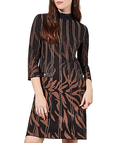 Ming Wang Soft Knit Striped Print Mock Neck 3/4 Sleeve Contrasting Trim Sweater Dress