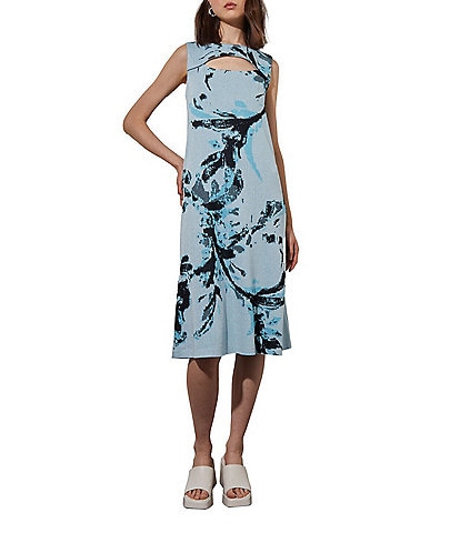 Ming Wang Soft Stretch Knit Abstract Print Boat Neck Sleeveless Cut-Out Detail Shift Midi Dress