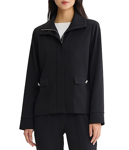 Ming Wang Solid Stretch Deco Crepe Wing Collar Long Sleeve Zip-Front Jacket