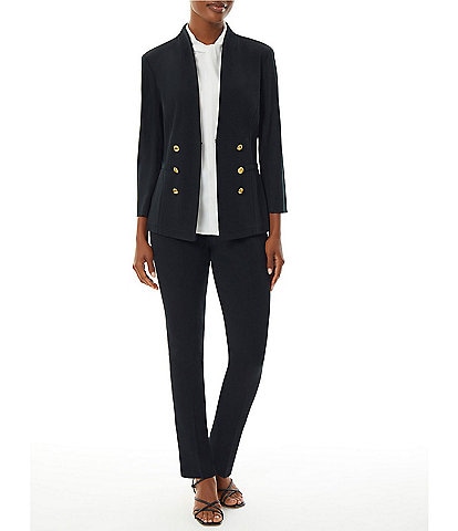 Ming Wang Stand Collar 3/4 Sleeve Button Trim Knit Jacket & Straight Leg Knit Pull-On Pants