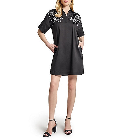 Ming Wang Stretch Cotton Floral Embroidered Point Collar V-Neck Short Sleeve Dress