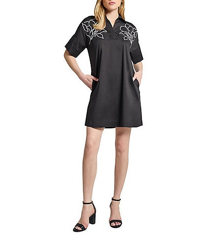 Ming Wang Stretch Cotton Floral Embroidered Point Collar V-Neck Short Sleeve Dress