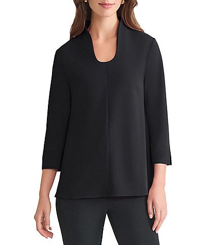 Ming Wang Stretch Crepe Scoop Neck 3/4 Sleeve Blouse