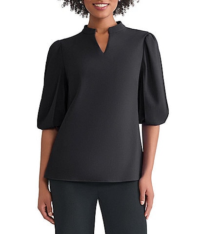 Ming Wang Stretch Crepe Split V-Neck Elbow Puff Sleeve Blouse