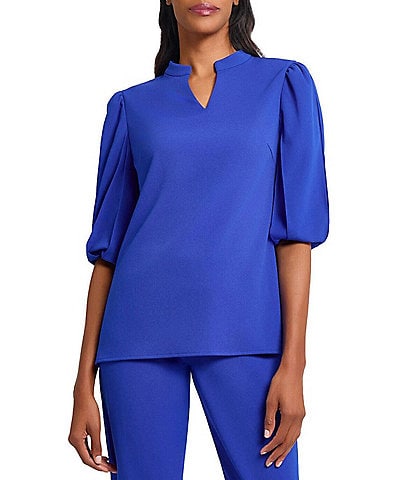 Ming Wang Stretch Crepe Split V-Neck Elbow Puff Sleeve Blouse