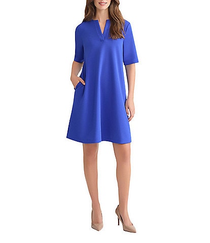 Ming Wang Stretch Crepe Split V-Neck Short Sleeve A-Line Dress
