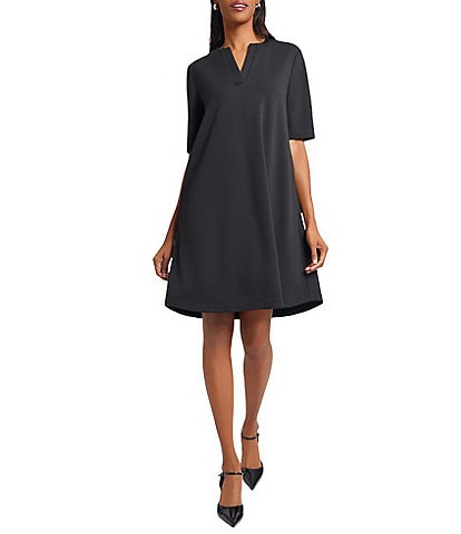 Ming Wang Stretch Crepe Split V-Neck Short Sleeve A-Line Dress