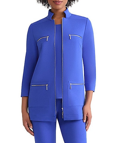 Ming Wang Stretch Crepe Stand Collar Bracelet Sleeve Zip Front Utility Jacket