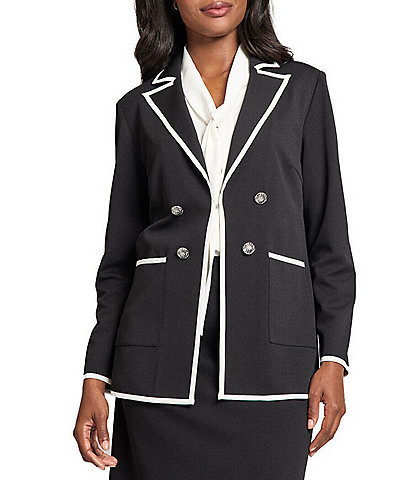 Ming Wang Stretch Deco Crepe Notch Lapel Double Breasted Long Sleeve Blazer