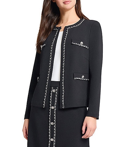 Ming Wang Stretch Deco Crepe Round Neck Long Sleeve Chain Trim Jacket