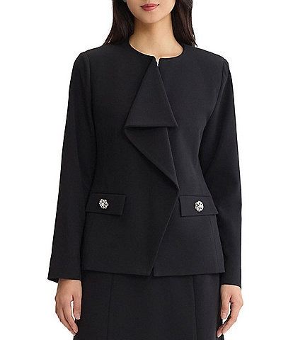 Ming Wang Stretch Deco Crepe Ruffled Draped Long Sleeve Jacket