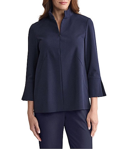 Ming Wang Stretch Deco Crepe Stand Collar Bracelet Sleeve Zip Front Blouse