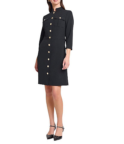 Ming Wang Stretch Deco Crepe Utility Stand Collar 3/4 Sleeve Button Front Dress