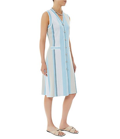 Ming Wang Stripe Print Knit V-Neck Sleeveless Button Front Shirt Dress