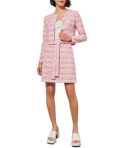 Ming Wang Stripe Tweed Knit Shoulder Pad Cropped Jacket & Coordinating Skirt
