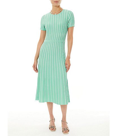 Ming Wang Striped Print Soft Knit Scoop Neck Short Sleeve A-Line Midi Dress